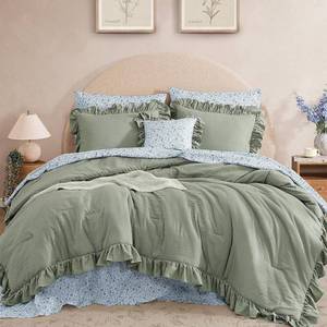 lot 6813 image: $57 BLOOMHAVEN Queen Comforter Set - 7 Pieces, Sage Green Ruffle