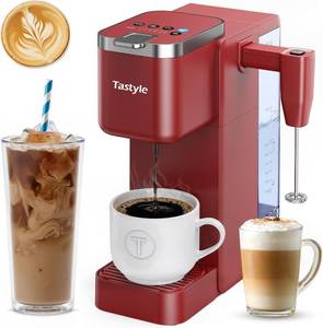 lot 6821 image: $90 Tastyle 330MF Single Serve Coffee Maker Built-in Milk Frother Red