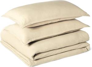 lot 6831 image: $50 Amazon Basics Brushed Microfiber Comforter Set, King, Beige