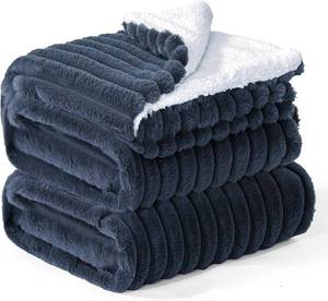 lot 6849 image: INFIIXSO Sherpa Fleece Queen Blanket - Warm Striped 90x90 Navy