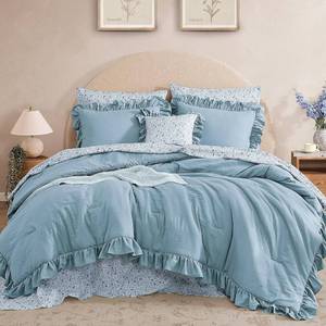 lot 6856 image: $60 BLOOMHAVEN Queen Comforter Set - 7 Pieces, Ruffle Blue