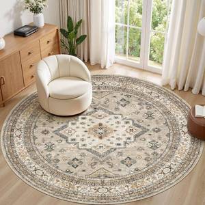 lot 6893 image: $120 8ft Round Vintage Living Room Rug, 8x8, Beige, Washable