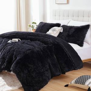 lot 6902 image: $56 Smoofy Fluffy King Size Comforter Set, Faux Fur Black, 3 Pieces