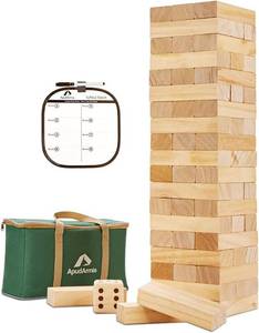 lot 6958 image: $46 ApudArmis 60-Pcs Tumble Tower Pine Wood Stacking Block Game 5 ft