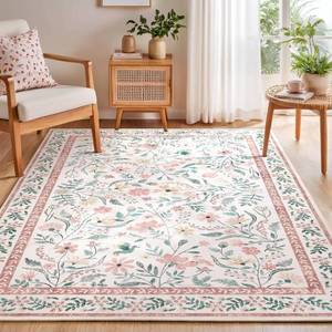 lot 6961 image: $52 SHACOS Pink Floral Area Rug 5x7, NurseryBedroom, Machine Washable