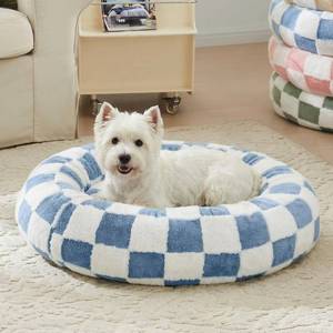 lot 6974 image: Ohocut Checkered Dog Bed - Blue Retro Round Warming Bed, 30x30x8