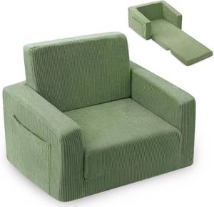 lot 6978 image: Kids Chair & Couch 2-in-1 Fold-Out Sofa, Soft Seating, Green