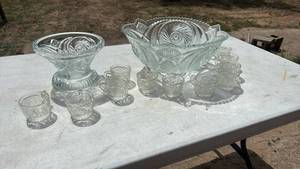 lot 2 image: Pressed Glass Punch Bowl Set with Cups and Ladle