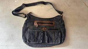lot 42 image: Denim Crossbody Messenger Bag with Leather Accents