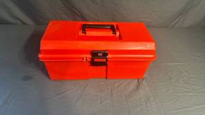 lot 60 image: Red Plastic Tackle Box with crafting elastic string and beads