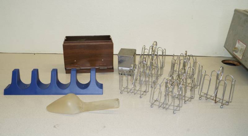 lot 1052 image: Misc Table Holders - Old Tooth Pick Dispenser and Misc.