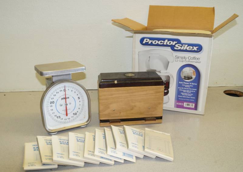 lot 1119 image: Portion Scale - Straw Dispenser - Sales Books - Proctor Silex Coffee Maker (appears new in box with plastic still in place)