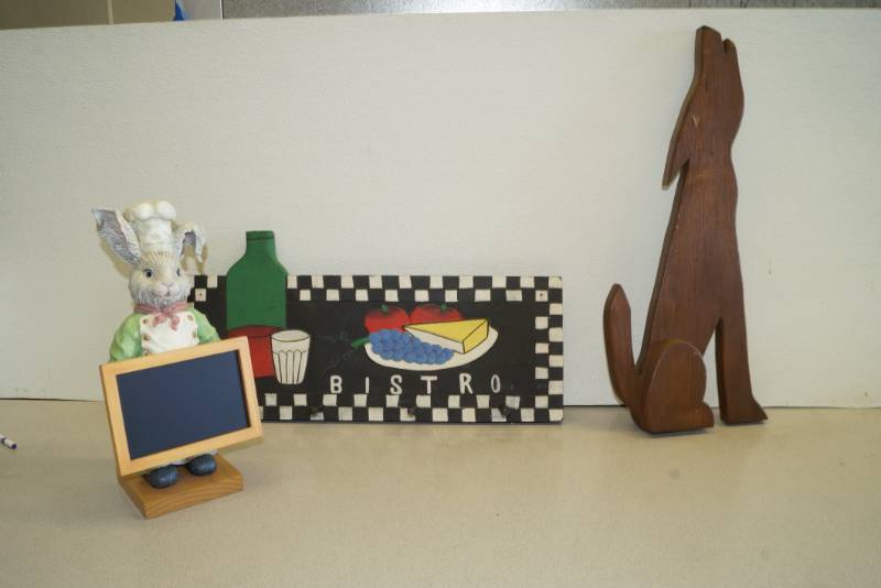 lot 1133 image: Restaurant Display Items - Rabbit with Black Board - Bistro Sign and Wolf