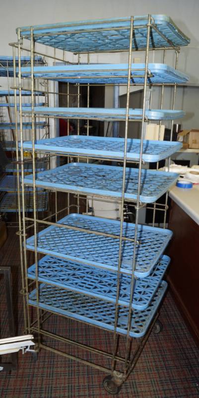 lot 1140 image: Big Rolling Bread Rack - with trays as shown
