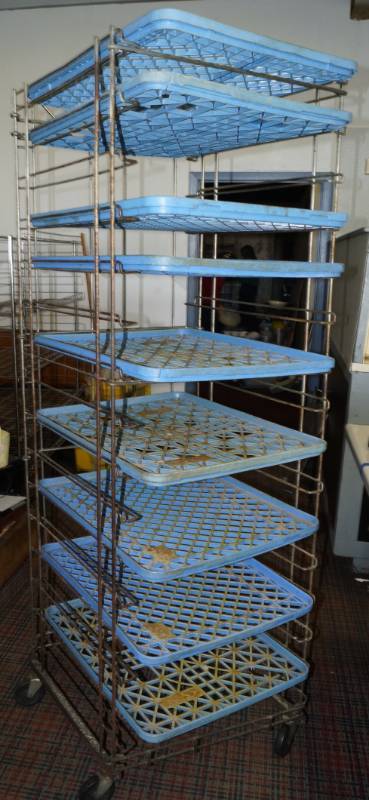 lot 1141 image: Big Rolling Bread Rack - with trays as shown