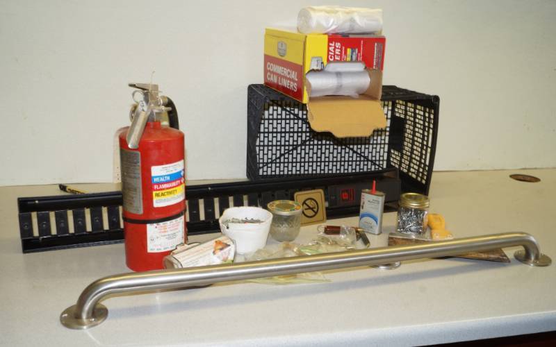 lot 1170 image: Misc Handy Man Lot - Huge Box of Trash Can Liners - Fire Extinguisher and More