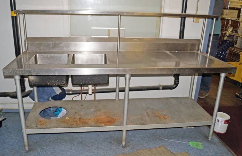 lot 1194 image: Stainless Double Sink Prep Table with back shelf