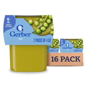 lot 3482 image: Gerber Stage 2 Baby Food Peas, Baby Peas Puree Tub, No Added Salt, No Artificial Colors or Flavors, Baby Puree, Baby Food Vegetables, 16-Pack BB MAR 2026