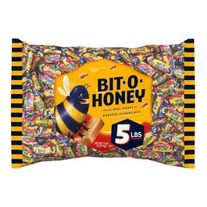 lot 3483 image: Bit O Honey Candy - Individually Wrapped Honey Taffy with Roasted Almond Bits, Gluten-Free, Classic Bite-Sized Treats, Sweet and Chewy Taffy Candy Bulk Bag - 5 LBS BB FEB 2027