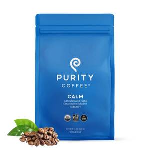 lot 3574 image: Purity Coffee CALM Decaf Medium Roast Whole Bean (12oz Bag)  Specialty-Grade USDA Organic Mountain Water Process Decaffeinated Blend  Third Party Tested for Mold, Mycotoxins & Pesticides. BB MAY 2026