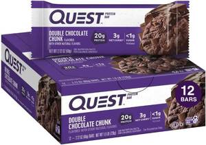 lot 3575 image: Quest Nutrition Double Chocolate Chunk Protein Bars, 20g Protein Bars, 1g Sugar, 4g Net Carb, Gluten Free, Keto Friendly, 12 Count. BB MAY 2026