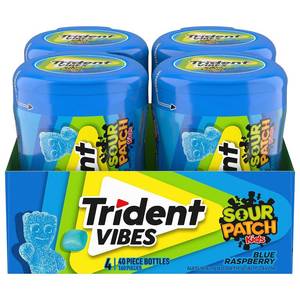 lot 3579 image: Trident Vibes SOUR PATCH KIDS Blue Raspberry Sugar-Free Chewing Gum, 4 Bottles of 40 Pieces (160 Total Pieces) No printed expiration or best-by date.