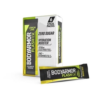 lot 3586 image: BODYARMOR Flash I.V. Lemon Lime Zero Sugar Electrolyte Powder Mix, 0.25 dry oz, 6 Pack. BB MAY 2026