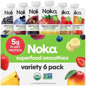 lot 3637 image: Noka Superfood Fruit Smoothie Pouches Variety Pack, Healthy Snacks with Flax Seed, Plant Protein and Prebiotic Fiber, Vegan and Gluten Free Snacks, Made in USA, Organic Squeeze Pouch, 4.22 oz, 6 Count BB APRIL 2027