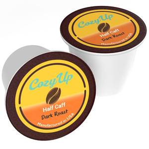 lot 3660 image: CozyUp Half Caff Breakfast Blend, Single-Serve Coffee Pods Compatible with Keurig K-Cup Brewers, Dark Roast Coffee, 100 Count. BB DEC 2025