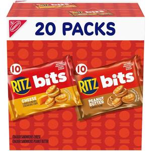 lot 3666 image: RITZ Bits Peanut Butter and RITZ Bits Cheese Sandwich Crackers Variety Pack, Lunch Snacks for Kids and Adults, 20 Snack Packs. BB OCT 2026