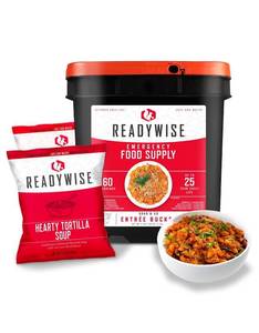 lot 3686 image: $102 ReadyWise Entree Bucket - 60 Servings, Emergency Food Supply for Survival Kit, Protein Meals, Freeze Dried Food, Ready to Eat Camping &amp Road Trip Essentials, up to 25 Year Shelf Stable Life. Kitted on NOV 2023