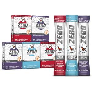 lot 3730 image: Gatorade G Zero Powder, Fruit Punch Variety Pack, 0.10oz Individual Packets - 10 Count (Pack of 5) BB GRAPE MAR 26, GF AUG 26, FP AUG 26