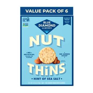 lot 3738 image: Blue Diamond Almonds Nut Thins Gluten Free Cracker Crisps, Hint of Sea Salt, 4.25 Oz Boxes (Pack of 6). BB JAN 26