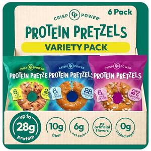 lot 3849 image: CRISP POWER Protein Pretzels, Variety Pack With Sea Salt, Sesame, & Everything, Up To 28G Protein, High Protein Snack, High Fiber, Low Carb Crunchy Pretzel Snacks, No Added Sugar, 1.75 oz Bags, 6 Pack, Vegan, Keto AUG 26