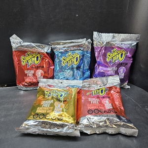 lot 3869 image: Sqwincher Zero Qwik Stik, Fruit Punch, Watermelon, Mixed Berry, Grape, Sugar Free, Low Calorie, Low Sodium Electrolyte Powder Hydration Drink Mix, .11 0z Packet (Pack of 50)  No printed expiration or best-by date.