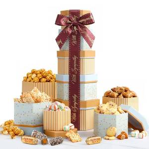 lot 3924 image: Broadway Basketeers Sympathy Gift Tower Box   Premium Snack Tower with Cookies, Sweets and Savory Treats - Thoughtful Individually Wrapped Kosher Sympathy Gifts for Adults, Families and Friends.  No printed expiration or best-by date.