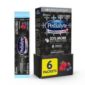 lot 3930 image: Pedialyte AdvancedCare Plus Electrolyte Powder, Has 33% More Electrolytes and PreActiv Prebiotics, Berry Frost, 6 Powder Packets. BB JULY 26
