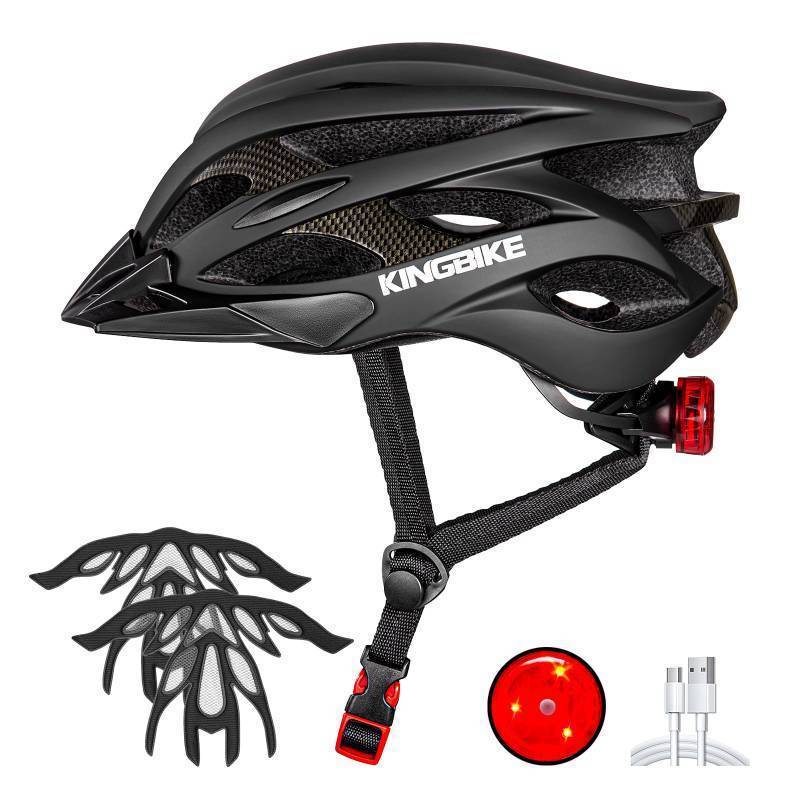 lot 2087 image: KINGBIKE Light Comfortable Adults Youth Bike Helmet with Rechargeable LED Safety Rear LightTwo Sets Detachable VisorTwo Sets Removable Liner (Matte Black,L(58-61CM)) Retail $29.94