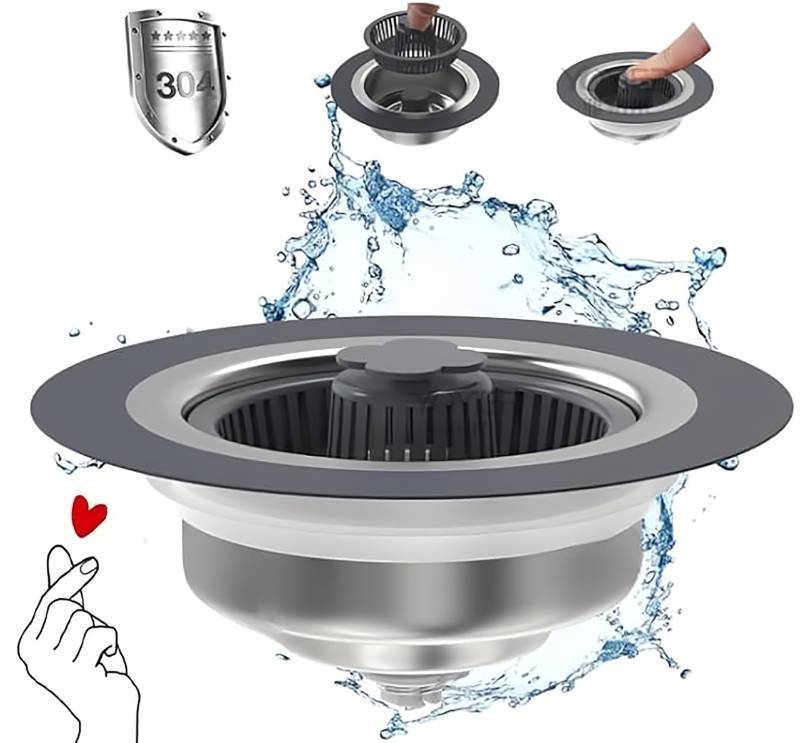lot 2085 image: 304 Stainless Steel Pop-up Kitchen Drain Stopper with Strainer Basket��3 in 1 Kitchen Sink Drain Strainer and Stopper Combo, Fast Drainage Kitchen Sink Plug for Standard 3-12 Inch Drain Retail $11.59