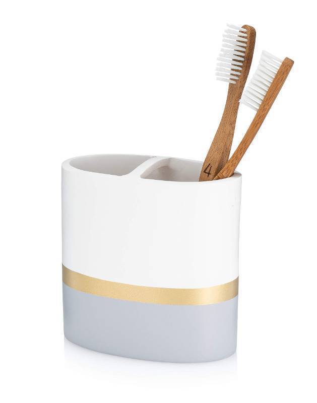 lot 2105 image: Essentra Home Day and Night Collection White and Grey with Gold Stripe Toothbrush Holder Retail $15.55