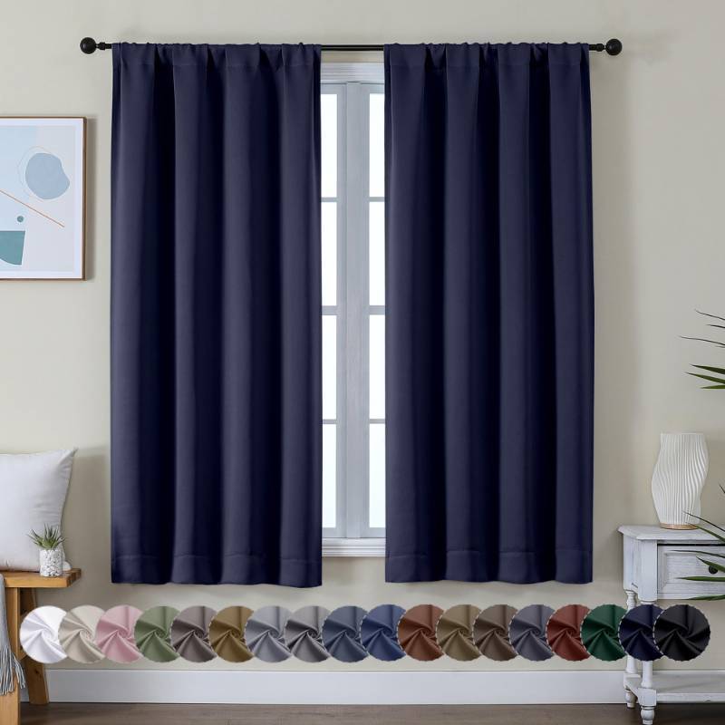 lot 2107 image: Simplebrand Ava Navy Blue Blackout Curtains for Bedroom 63 Inch Length 2 Panels, Solid Thermal Insulated Energy Saving Rod Pocket Window Treatment Curtains Blackout Drapes, W40 x L63 Inch, Navy Blue - Retail $12