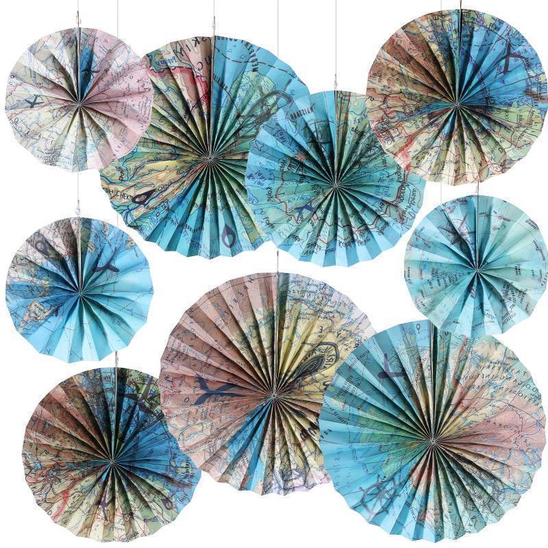 lot 2110 image: Outus 9 Pcs Travel The Map Hanging Paper Fans Decorations Adventure Awaits Bulletin Board Classroom Decorations Map Themed Ceiling Wall Garland for Kids Classroom Homeschool Office Decor (Travel) To up Retail $13.36