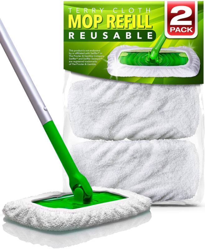lot 2112 image: VanDuck Reusable 100% Cotton Mop Pads Compatible with Swiffer Sweeper (2-Pack), Terry Cloth Mop Covers Washable for Wet Mopping and Floor Cleaning (Handle is Not Included) - Retail $15