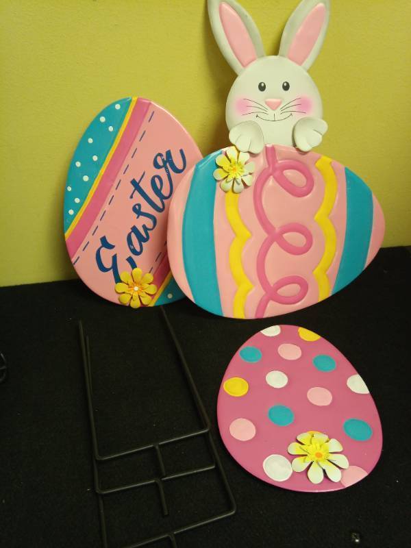 lot 2111 image: 3 Easter Decorations Outdoor Yard Signs Cute Eggs and Rabbits Signs Easter Bunny Easter Eggs Garden Stakes Spring Easter Lawn Sign Decor for Family Outside Spring Easter Party Supplies Retail $15.99