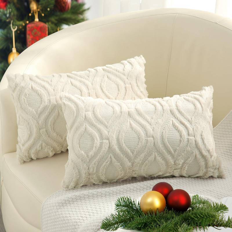 lot 2073 image: decorUhome Decorative Throw Pillow Covers 12x20, Soft Plush Faux Wool Lumbar Couch Spring Pillow Covers for Home, Set of 2, Beige Retail $22.49