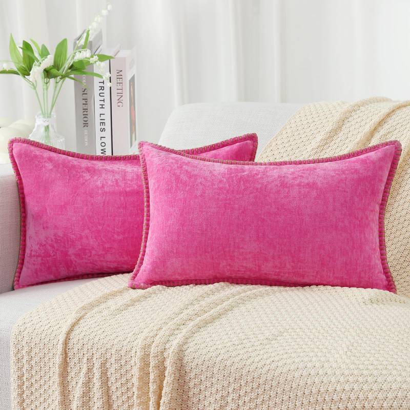 lot 2097 image: Chenille Soft Throw Pillow Covers 12x20 Set of 2, Lumbar Velvet Farmhouse Decorative Pillow Covers with Stitched Edge Hot Pink Retail $18.91