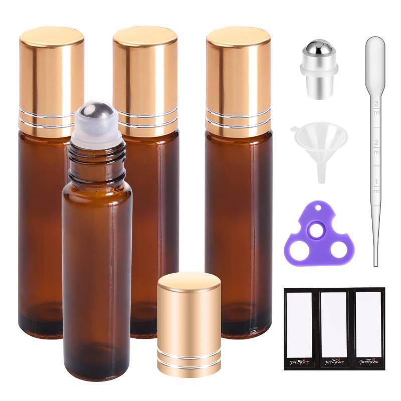 lot 2076 image: PrettyCare Essential oil Roller Bottles for Oils 10ml Glass Amber Perfume Bottles Empty with Extra Roller Balls, Opener, Funnel, Pipette, Labels, 4pack Roll on Bottles Retail $9.99