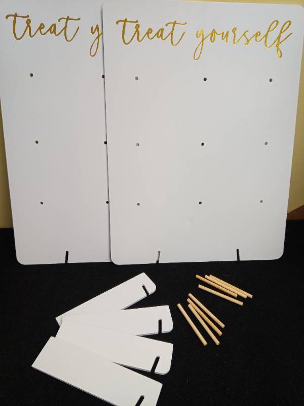 lot 2093 image: Donut Wall Display Stand Reusable Donut Holder Board Rustic Wood Doughnut Food Buffet Display for Wedding, Baby Shower, Bridal Shower, Birthday Party Treat Yourself Fits 9 Donuts (White Square 2 Pack) Retail $36.24