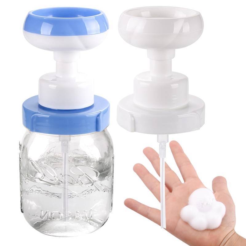 lot 2071 image: Mason Jar Foaming Soap Dispenser Foaming Soap Dispenser Compatible with Regular mouth mason jar Plastic Dispenser Lid for 2 Pack Cans not included (white, blue) Retail $12.38