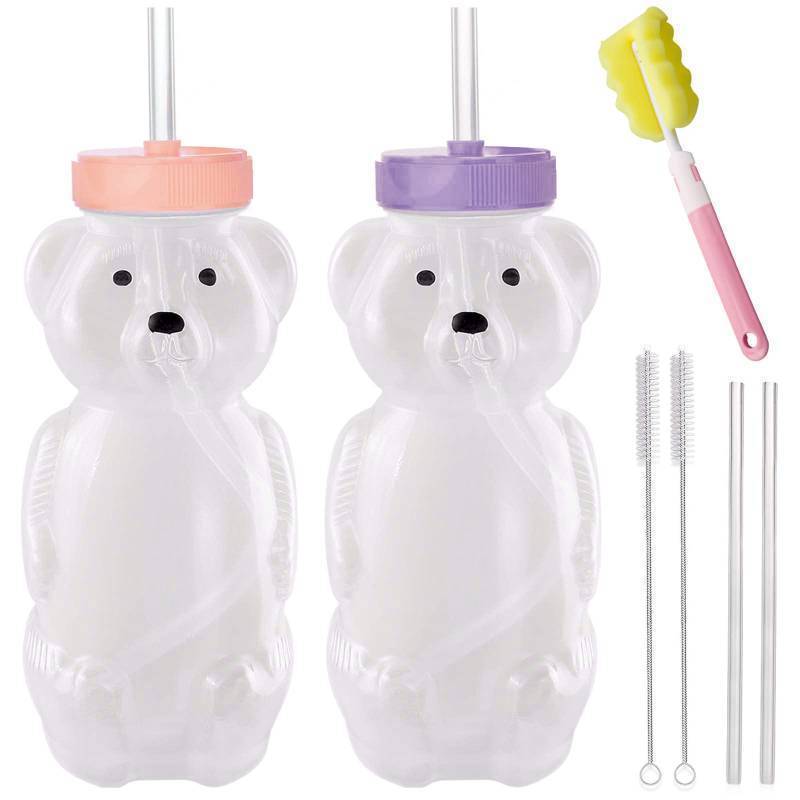 lot 2060 image: Honey Bear Straw Cups, Juice Bear Bottle Drinking Cup Long Straws with 4 Flexible Straws & Cleaning Tools, 8-Ounce Therapy Sippy Bottles for Speech and Feeding Training, Food-Grade & BPA Free 2 Pack Retail $10.88